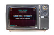 © Sumeth - PRESS START INSERT A COIN TO CONTINUE. pixel art .8 bit game. retro game. for game assets .Retro Futurism Sci-Fi Background. glowing neon grid. on old retro television. Isolated on white background.