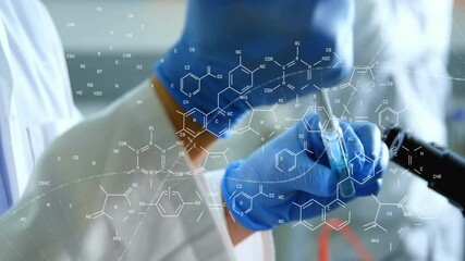 Wall Mural - Animation of dna strand and chemical formula over caucasian scientist doing experiment