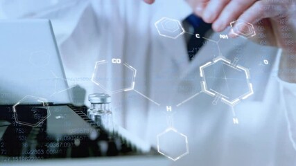 Wall Mural - animation of data processing and chemical formula over caucasian male scientist doing experiment