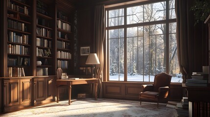 Wall Mural - Cozy Library with Winter View