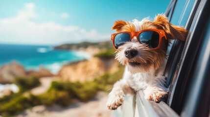 Dog wearing sunglasses looks out car window on a road trip.