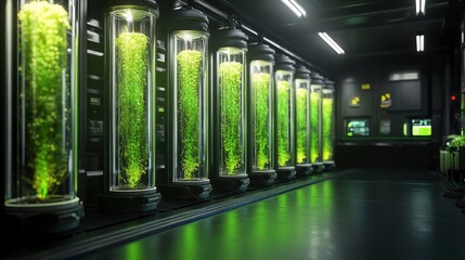 Algae bioreactor, tubes filled with green algae, greenhouse environment, soft light