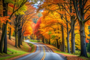 Wall Mural - Winding road through forest with peak autumn foliage