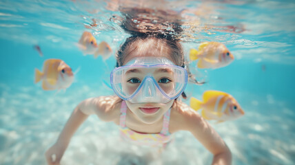 Young girl underwater with goggles.