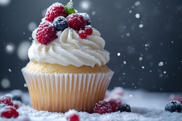 Wall Mural - A cupcake with frosting and gingerbread cookies on top, surrounded by other Christmas-themed treats like spiced cinnamon sticks or frosted sugar cookie trees