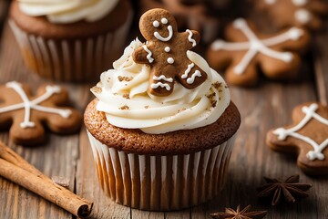 Wall Mural - A cupcake with frosting and gingerbread cookies on top, surrounded by other Christmas-themed treats like spiced cinnamon sticks or frosted sugar cookie trees