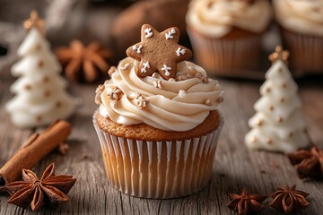 Wall Mural - A cupcake with frosting and gingerbread cookies on top, surrounded by other Christmas-themed treats like spiced cinnamon sticks or frosted sugar cookie trees