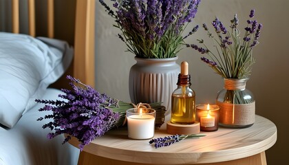 Wall Mural - Tranquil bedside setup featuring lavender, essential oils, and soothing candles for natural sleep enhancement