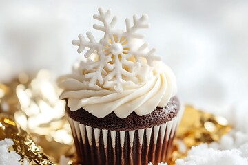 Wall Mural -  A chocolate cupcake with white frosting and an oversized, delicate snowflake topper on top of it. The gold foil wrapping around the base adds extra elegance