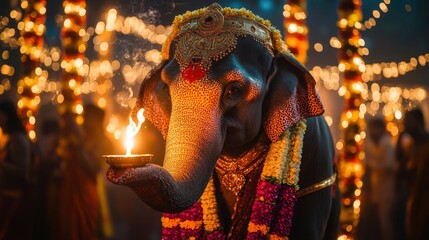 Elephant, adorned with garlands, holding a lit diya with its trunk, golden hour lighting