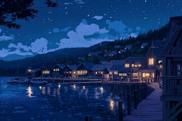 Wall Mural - A Charming Coastal Town With A Gentle Breeze And Cozy, Glowing Lights Reflecting Off The Calm Sea. Cozy Vibe, Generative AI