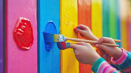 Family, painting a fence, brushes in hands, backyard, bright sunlight