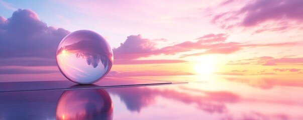 Canvas Print - Glass sphere reflecting sunset over water, pastel