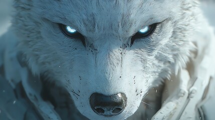 Wall Mural - Close-up of a white wolf with piercing blue eyes staring intensely at the viewer.