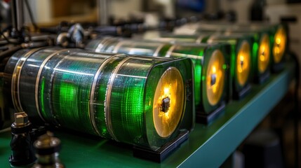 Hydrogen fuel cell, in a lab setting, tubes and tanks, artificial lighting