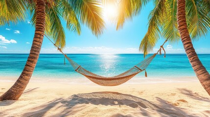 Island beach, hammock tied between two palm trees, turquoise water, bright midday sun