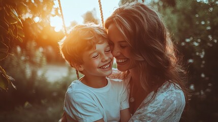 Mother and son, laughing, sitting on a swing, backyard, late afternoon light