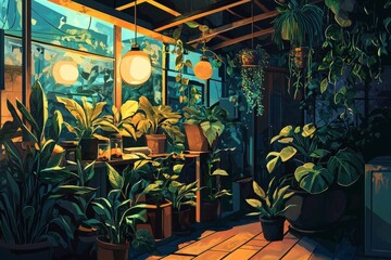 Wall Mural - A Charming Rooftop Garden With A Wooden Pergola Covered In Vines And Cozy, Dim Light From Hanging Bulbs. Cozy Vibe, Generative AI 