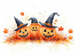 © Vivid Pixels - Watercolor halloween, autumn artwork showing three smiling orange jack-o-lantern pumpkins wearing black witch hats surrounded by fall leaves isolated on white background