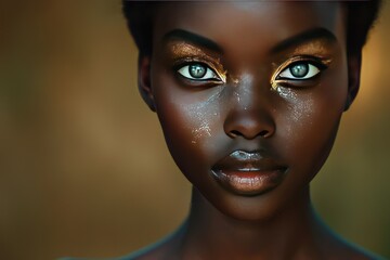 Wall Mural - Close-up portrait of a young black woman with golden makeup and piercing green eyes looking directly at the camera.