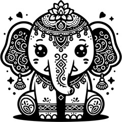 Seated baby elephant decorated with Indian ornaments and flowers in monochrome. Simple minimalistic vector in black ink drawing on transparent background