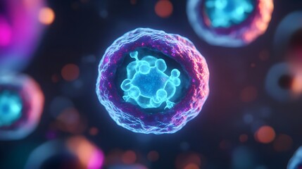 Sticker - Abstract Cell Biology, Glowing Cell, 3D Render