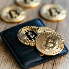 Golden Bitcoin coins spilling out of a sleek black leather wallet onto a wooden surface, representing secure cryptocurrency storage and the growing value of digital assets in modern finance.