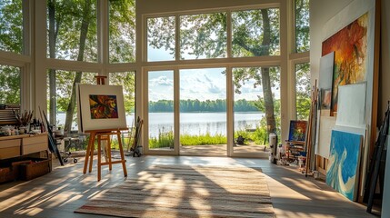 Vibrant Modern Art Studio: Perfect Poster for Artistic Spaces with Picturesque Lake View, Bright Canvases, and Natural Light – Ideal Inspiration for Creative Interiors