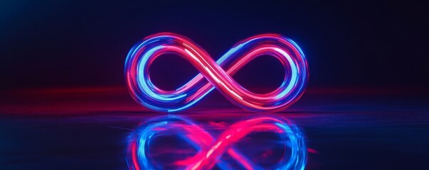 Canvas Print - Neon infinity symbol with glowing lights on dark background. Abstract concept, endless possibilities and futuristic technology