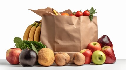 Wall Mural - image of a brown paper grocery bag on a clean white background, filled with vibrant, healthy items. Fresh vegetables like leafy greens, carrots, and bell peppers are visible