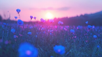 Wall Mural -   A field filled with blue flowers with the sun setting in the background is a field of grass with blue flowers in the foreground