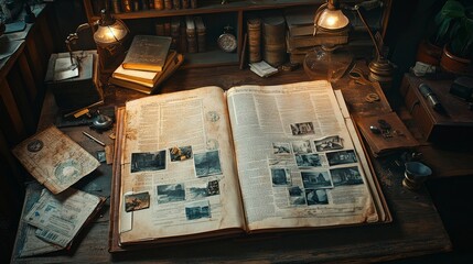 Old case files open on a wooden table, surrounded by scattered photos, documents and pieces of evidence under bright light, perfectly illustrating the intense process of solving a crime mystery.