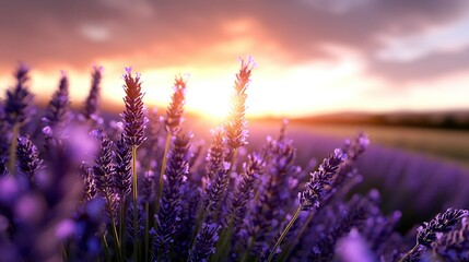  A field of lavender blooms with the distant sunset