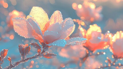 Canvas Print -   A flower's close-up with water drops on its petals against a blue sky backdrop