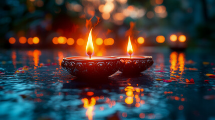 Two glowing diyas for divali festival with flames, reflecting on water, creating a peaceful and serene atmosphere with an orange glow