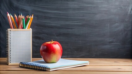 Stock photo of school supplies, apple, and notebook on a blackboard