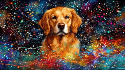 Wall Mural -   A golden retriever sitting against a dark backdrop adorned with vibrant sprinkles, depicted in a painting