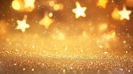 A golden Christmas background with abstract glitter bokeh and soft blinking stars, creating a warm festive glow and holiday magic