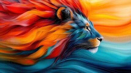 Wall Mural -   A painting featuring a lion with vibrant orange, blue, and yellow hues on its face, set against a serene blue body of water in the background