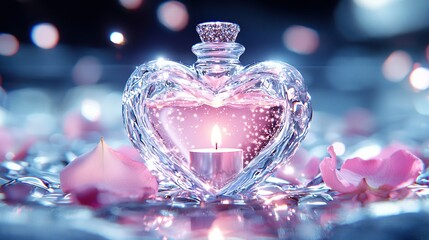 Sticker -   A heart-shaped glass bottle holds a lit candle at its center, surrounded by pink flowers on a reflective surface