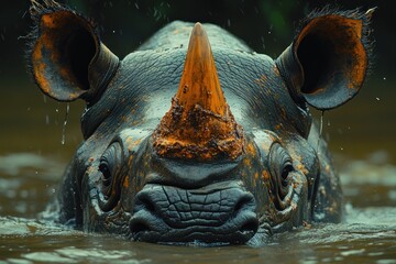 Close-up of a Rhinoceros in Water