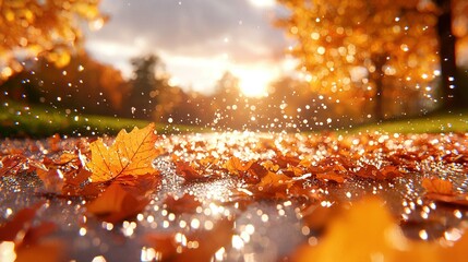 Canvas Print -   A leaf rests atop a pool of water beside a verdant grassy expanse surrounded by trees