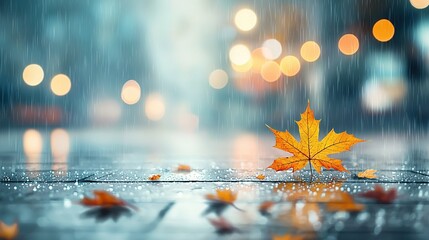 Canvas Print -   Maple leaf lying on the ground in rain with blurry bokeh background