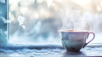 Herbal Tea Moment - Steaming cup by a frosty window, hints of herbs on the side - Winter Wellness