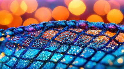 a close-up of a blue net against a blurry background of orange, pink, and blue lights