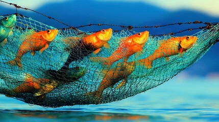 Wall Mural -   A cluster of goldfish within a net on a water surface with a blue sky backdrop