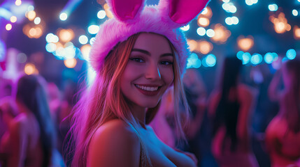 a smiling woman, dressed in a pink bunny outfit, embodies the playful spirit of a halloween party