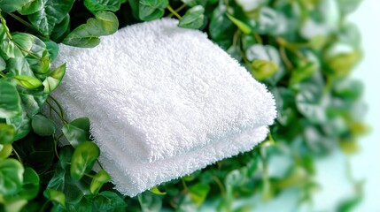 Wall Mural -   A lush green wall with towels on top sits beside a green bush