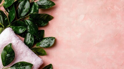 Canvas Print -  A white towel and green leaves against a pink backdrop with space for text on the left side of the image