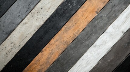 Wall Mural -   A close-up of wooden planks in black, white, yellow, and gray, with a black bird perched on one